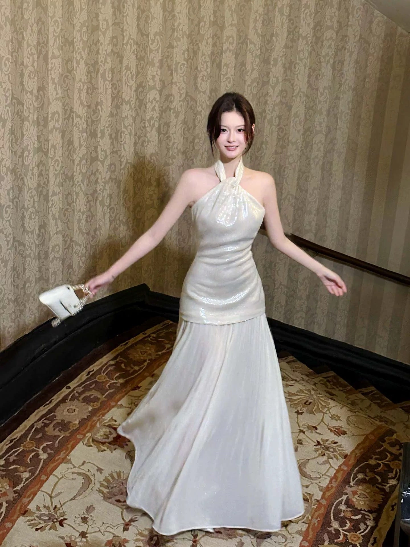 Elegant Mermaid Halter Sequin Waist-cinching Full-hem Maxi Dress Semi Formal Garden Beach Event Outfits Wedding Guest Dresses RB4988