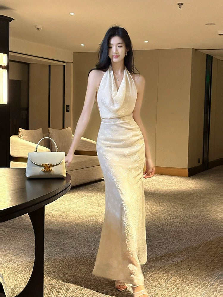 Elegant Mermaid Halter Lace Sleeveless Waist-cinching Full-hem Maxi Dress Semi Formal Garden Beach Event Outfits Wedding Guest Dresses RB4989