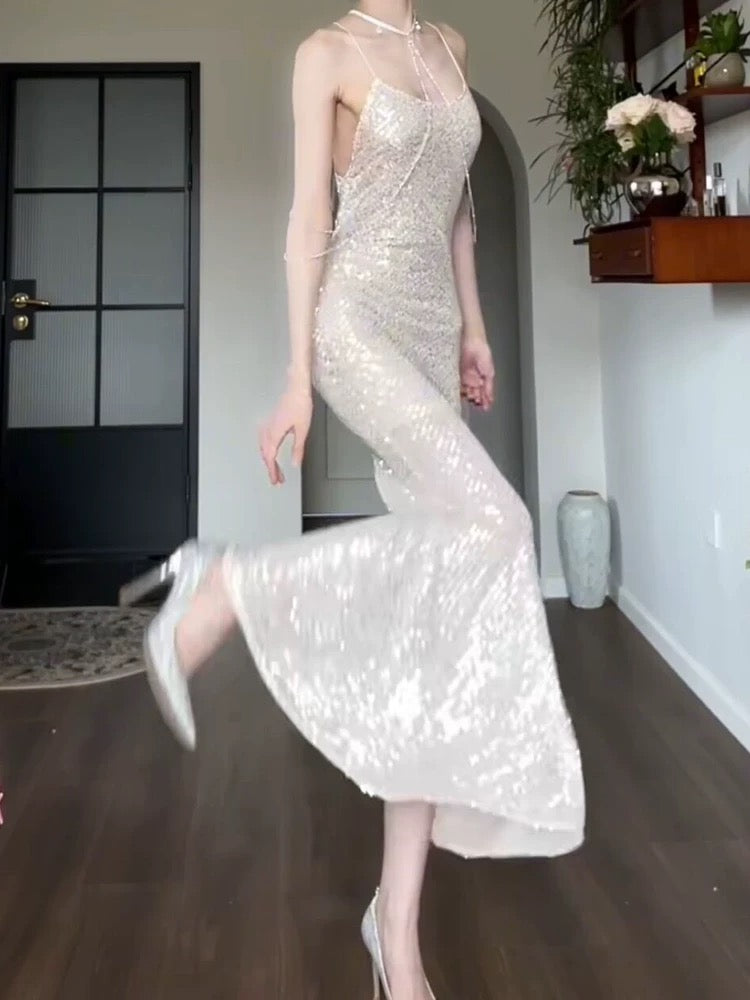 Sparkly Mermaid Spaghetti Strap Sequin Sleeveless Outdoor Semi Formal Summer Garden Beach Event Outfits Wedding Guest Dresses RB4990
