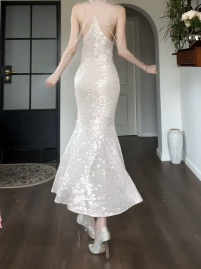 Sparkly Mermaid Spaghetti Strap Sequin Sleeveless Outdoor Semi Formal Summer Garden Beach Event Outfits Wedding Guest Dresses RB4990