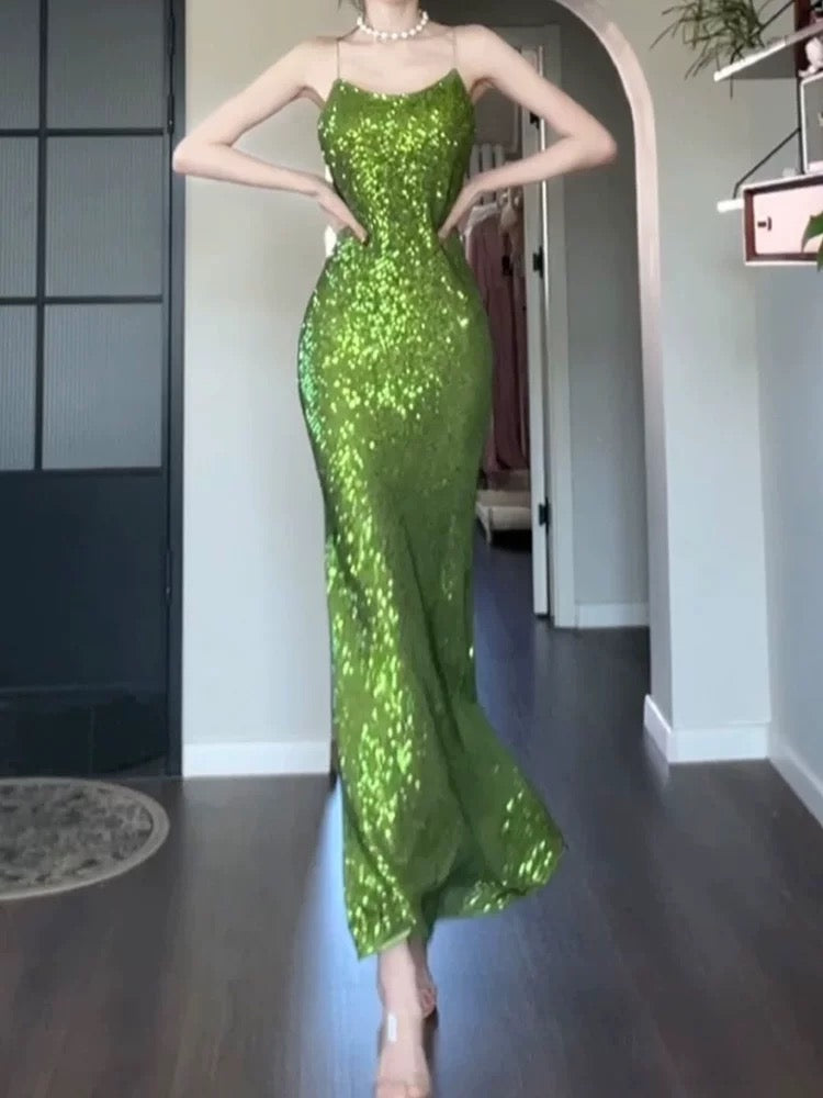 Glitter Mermaid Spaghetti Strap Sequin Green Sleeveless Outdoor Semi Formal Summer Garden Beach Event Outfits Wedding Guest Dresses RB4992