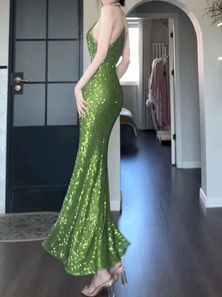 Glitter Mermaid Spaghetti Strap Sequin Green Sleeveless Outdoor Semi Formal Summer Garden Beach Event Outfits Wedding Guest Dresses RB4992