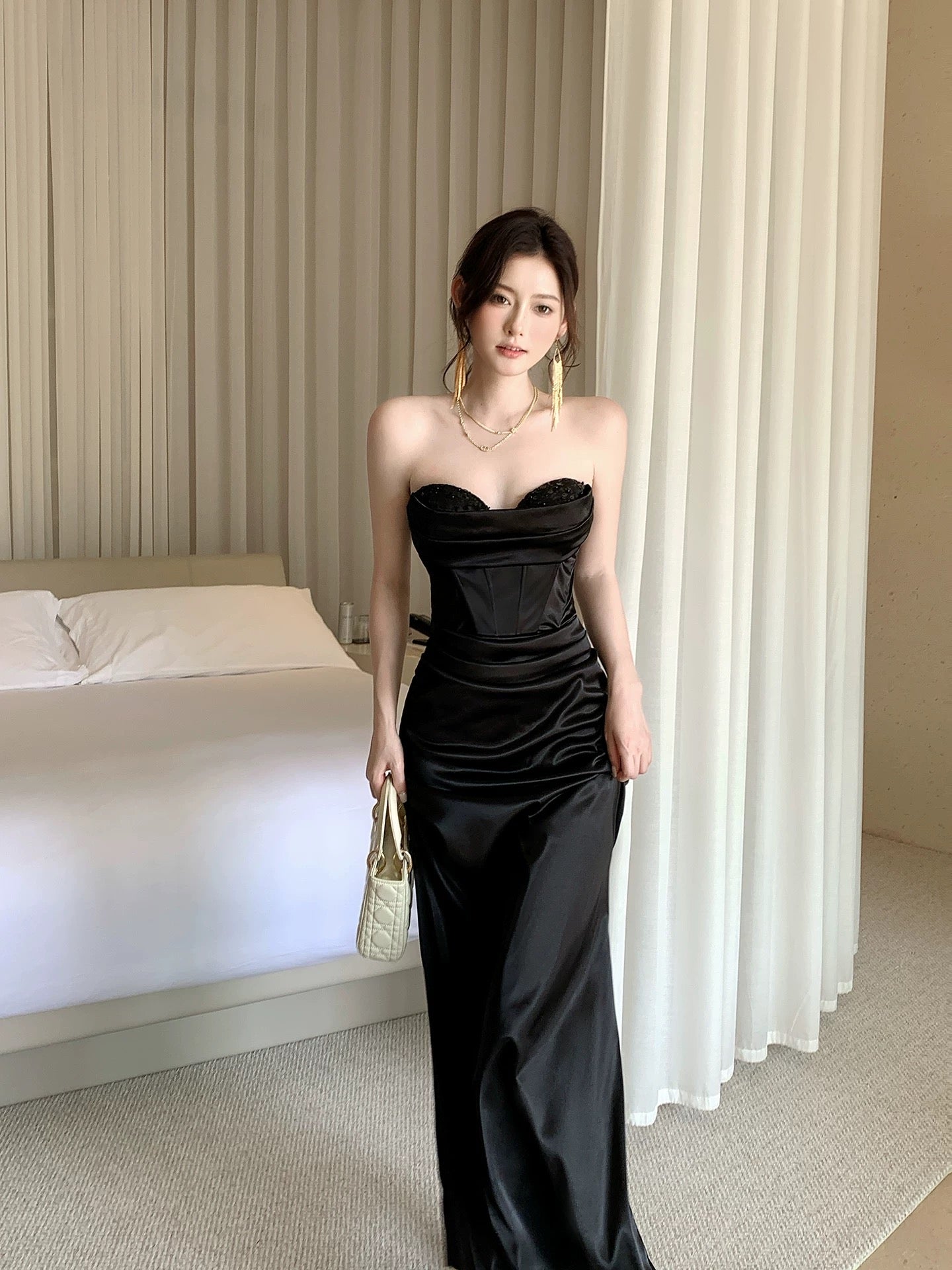 Elegant Mermaid Sweetheart Black Tie Sleeveless Waist-cinching Full-hem Maxi Dress Semi Formal Garden Beach Event Outfits Wedding Guest Dresses RB4993