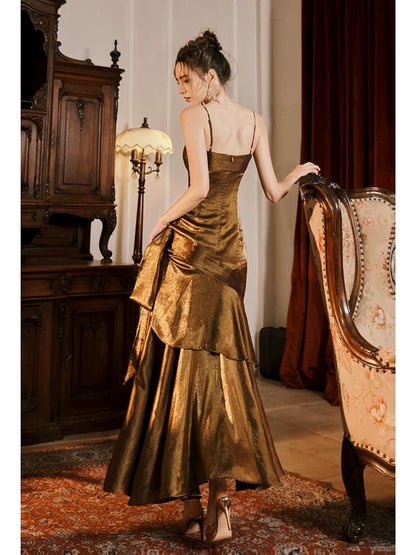 Sexy Mermaid Spaghetti Strap Brown Sleeveless Outdoor Semi Formal Summer Garden Beach Event Outfits Wedding Guest Dresses RB4994