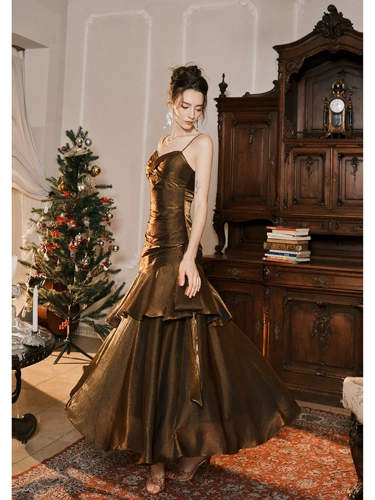 Sexy Mermaid Spaghetti Strap Brown Sleeveless Outdoor Semi Formal Summer Garden Beach Event Outfits Wedding Guest Dresses RB4994