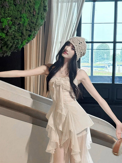 Elegant A line Spaghetti Strap White Chiffon Waist-cinching Full-hem Maxi Dress Semi Formal Garden Beach Event Outfits Wedding Guest Dresses RB4996