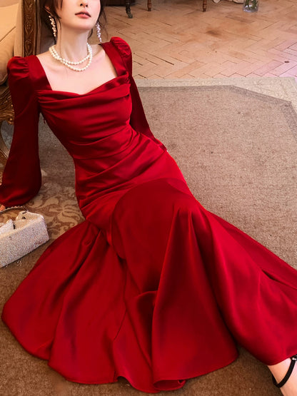 Artistic Mermaid Square Neck Red With Long Sleeves Outdoor Semi Formal Summer Midi Garden Beach Event Outfits Wedding Guest Dresses RB4997
