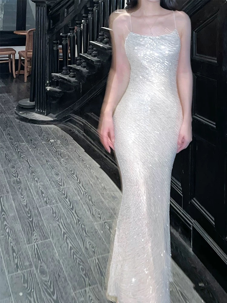 Elegant Mermaid Spaghetti Strap Sequin Full-hem Maxi Dress Semi Formal Garden Beach Event Outfits Wedding Guest Dresses RB4999