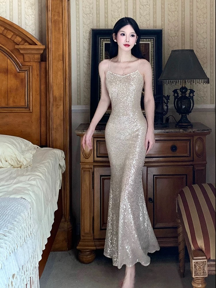 Elegant Mermaid Spaghetti Strap Sequin Full-hem Maxi Dress Semi Formal Garden Beach Event Outfits Wedding Guest Dresses RB4999