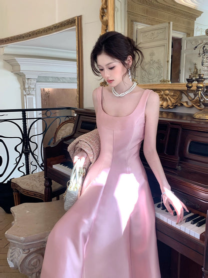 Artistic A Line Square Neck Pink Satin Midi Length Outdoor Semi Formal Summer Garden Beach Event Outfits Wedding Guest Dresses RB5000