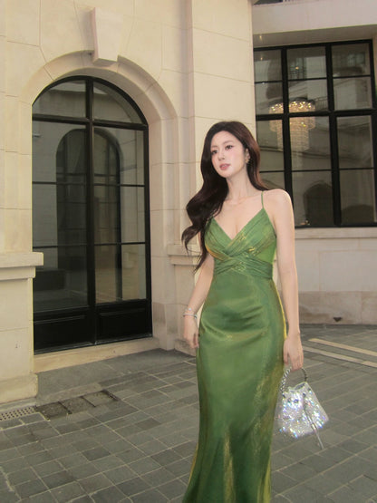 Elegant Mermaid Spaghetti Strap Green Satin Full-hem Maxi Dress Semi Formal Garden Beach Event Outfits Wedding Guest Dresses RB5002
