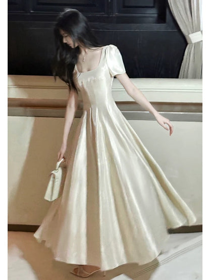 Artistic A Line Square Neck With Short Sleeves Satin Outdoor Semi Formal Summer Garden Beach Event Outfits Wedding Guest Dresses RB5004