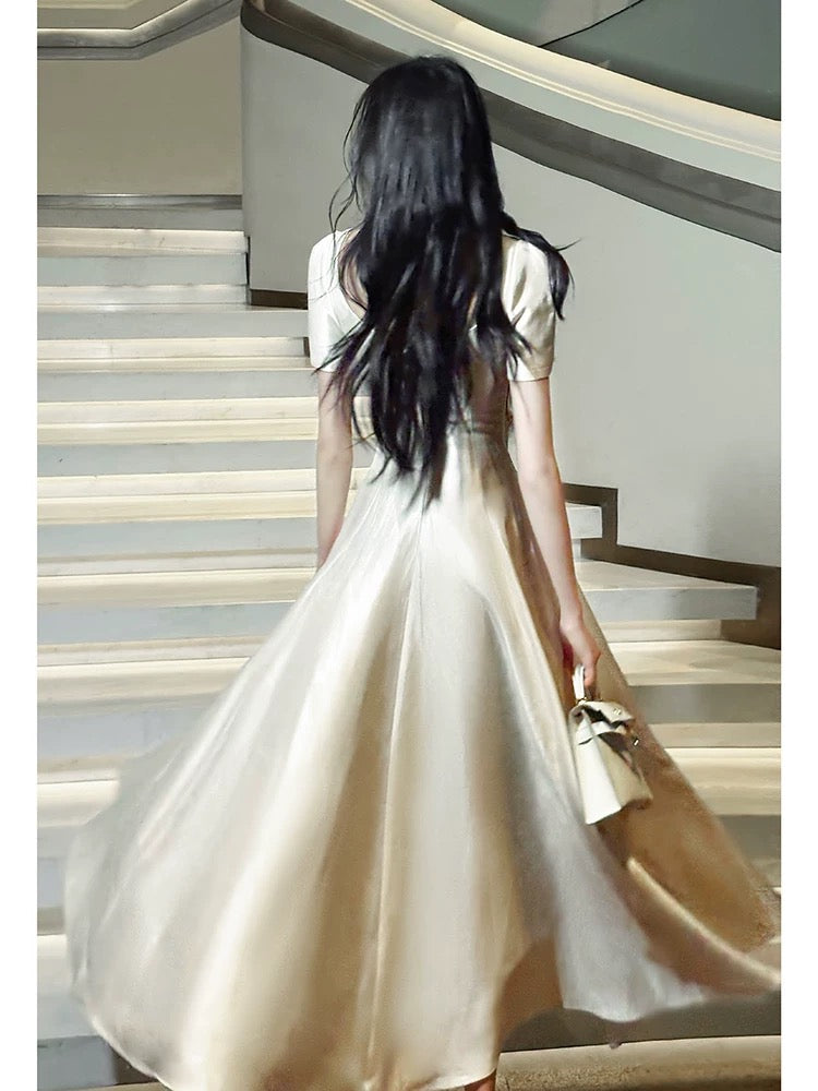 Artistic A Line Square Neck With Short Sleeves Satin Outdoor Semi Formal Summer Garden Beach Event Outfits Wedding Guest Dresses RB5004