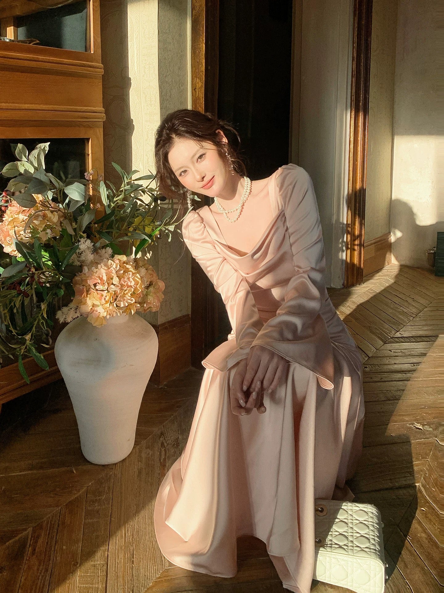 Timeless Mermaid Square Neck Pink With Long Sleeves Outdoor Semi Formal Summer Garden Beach Event Outfits Wedding Guest Dresses RB5005