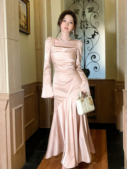 Timeless Mermaid Square Neck Pink With Long Sleeves Outdoor Semi Formal Summer Garden Beach Event Outfits Wedding Guest Dresses RB5005