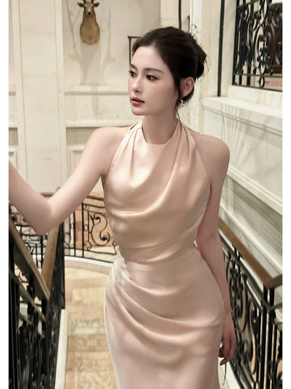Timeless Mermaid High Neck Blush Pink With Ruffled Satin Outdoor Semi Formal Summer Garden Beach Event Outfits Wedding Guest Dresses RB5006