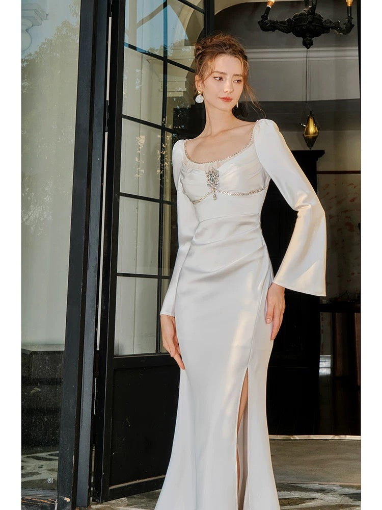 Artistic Mermaid Square Neck With Long Sleeves Satin White Slit Outdoor Semi Formal Summer Garden Beach Event Outfits Wedding Guest Dresses RB5007