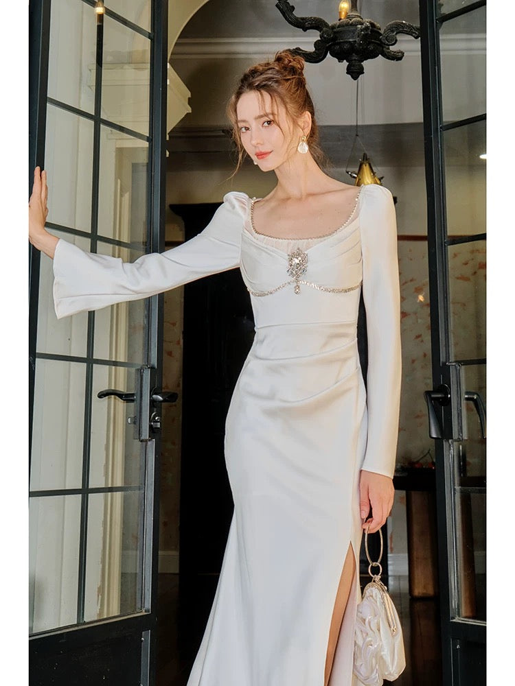 Artistic Mermaid Square Neck With Long Sleeves Satin White Slit Outdoor Semi Formal Summer Garden Beach Event Outfits Wedding Guest Dresses RB5007