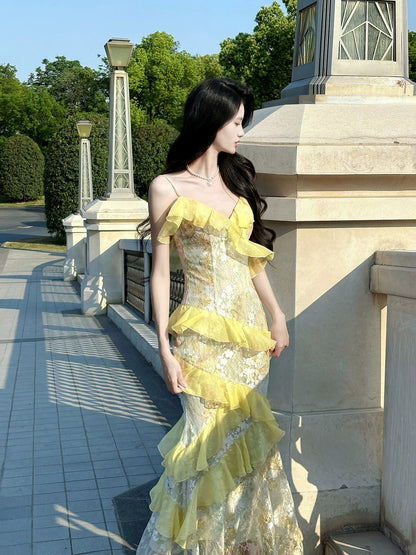 Timeless Mermaid Spaghetti Strap Yellow Lace With Ruffled Chiffon Outdoor Semi Formal Summer Garden Beach Event Outfits Wedding Guest Dresses RB5010