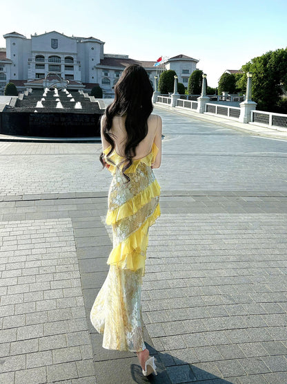 Timeless Mermaid Spaghetti Strap Yellow Lace With Ruffled Chiffon Outdoor Semi Formal Summer Garden Beach Event Outfits Wedding Guest Dresses RB5010