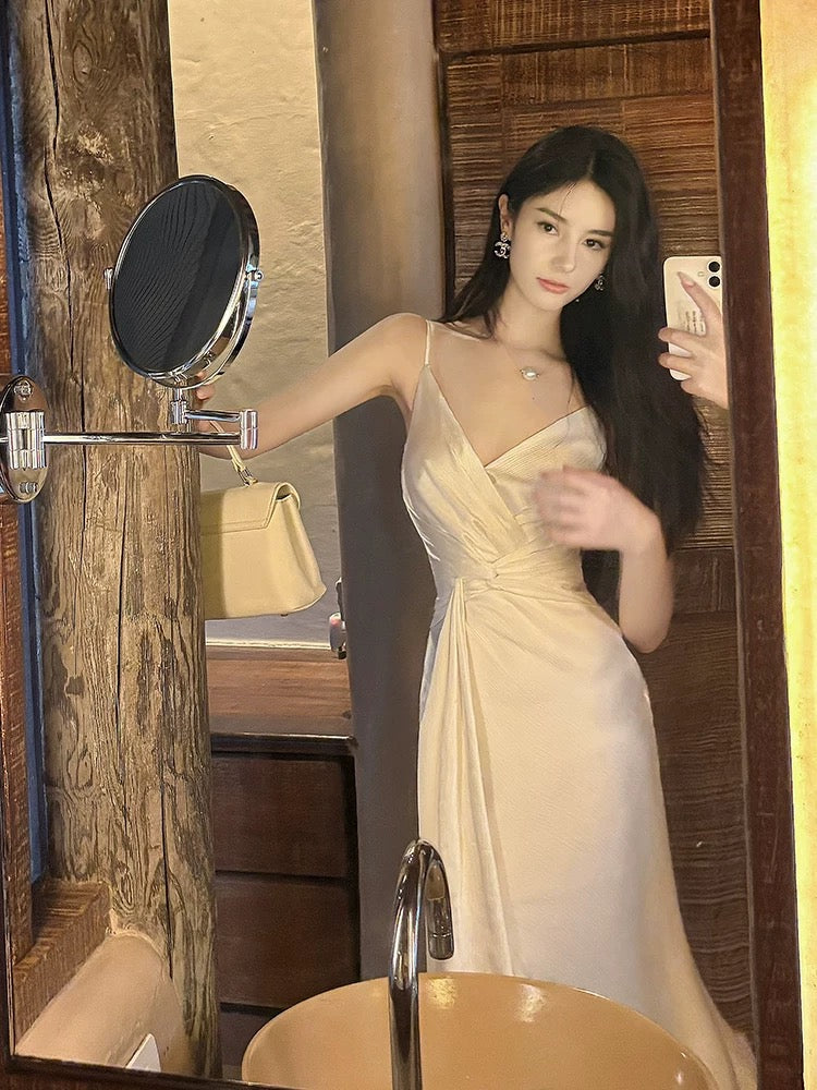 Elegant Mermaid Spaghetti Strap White Satin Full-hem Maxi Dress Semi Formal Garden Event Outfits Wedding Guest Dresses RB5011