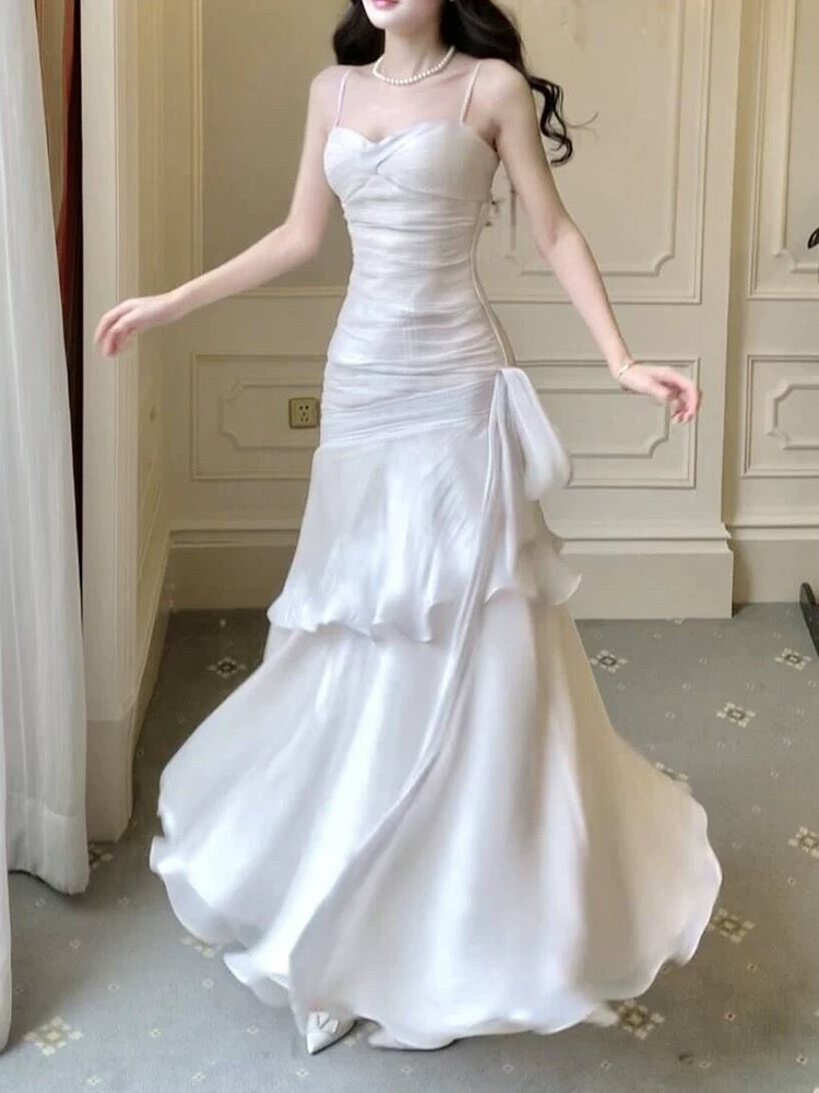 Timeless Mermaid Spaghetti Strap White With Ruffled Chiffon Outdoor Semi Formal Garden Beach Event Outfits Wedding Guest Dresses RB5014