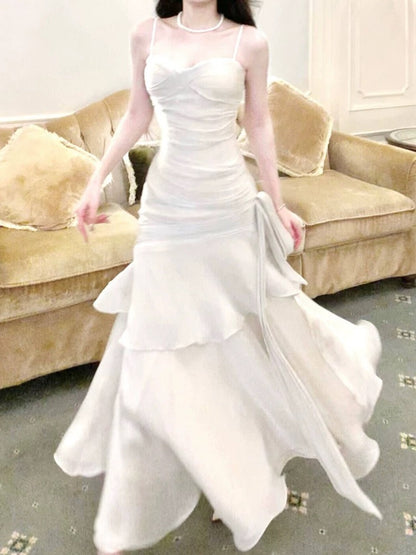 Timeless Mermaid Spaghetti Strap White With Ruffled Chiffon Outdoor Semi Formal Garden Beach Event Outfits Wedding Guest Dresses RB5014