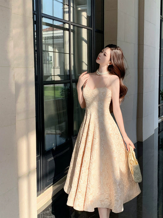 Elegant A Line Spaghetti Strap Champagne Lace Satin Full-hem Maxi Dress Semi Formal Garden Event Outfits Wedding Guest Dresses RB5012