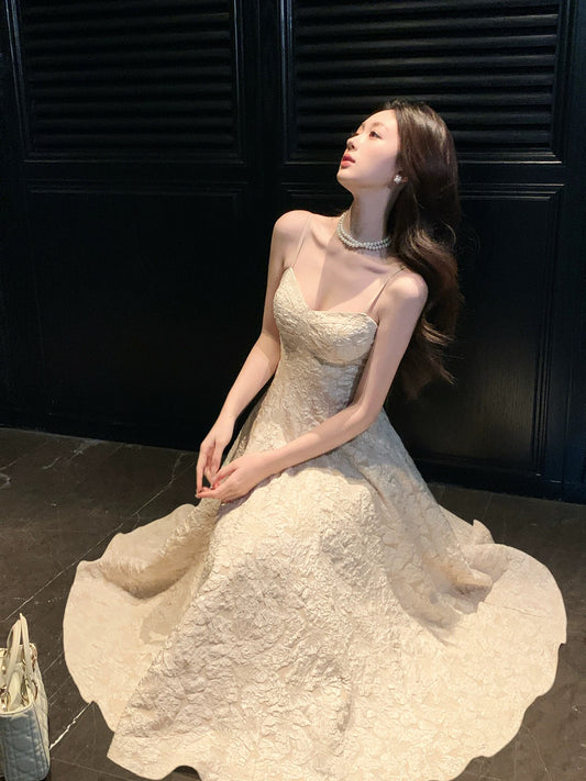 Elegant A Line Spaghetti Strap Champagne Lace Satin Full-hem Maxi Dress Semi Formal Garden Event Outfits Wedding Guest Dresses RB5012