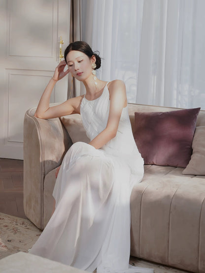 Sexy Sheath Scoop White Chiffon Sleeveless Date Night Outfit Outdoor Semi Formal Long Wedding Guest Dresses RB5036