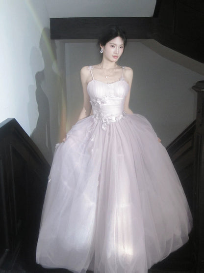 Elegant A line Spaghetti Strap Lilac Tulle Full-hem Maxi Semi Formal Garden Date Night Outfit Wedding Guest Dresses RB5037