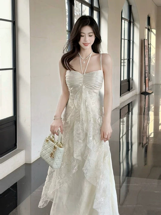 Elegant A line Spaghetti Strap White Lace Full-hem Maxi Semi Formal Garden Date Night Outfit Wedding Guest Dresses RB5038