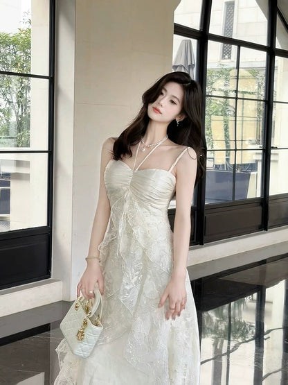Elegant A line Spaghetti Strap White Lace Full-hem Maxi Semi Formal Garden Date Night Outfit Wedding Guest Dresses RB5038
