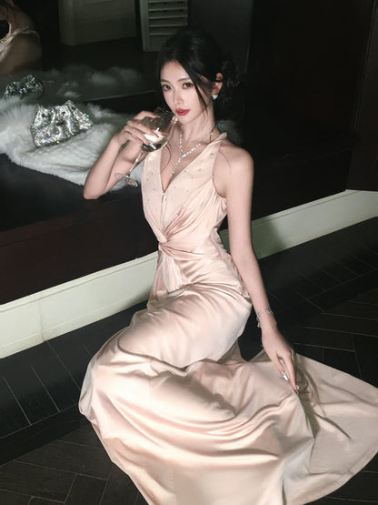 Elegant Mermaid Halter Backless Satin Pink Full-hem Maxi Semi Formal Garden Date Night Outfit Wedding Guest Dresses RB5040