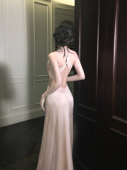 Elegant Mermaid Halter Backless Satin Pink Full-hem Maxi Semi Formal Garden Date Night Outfit Wedding Guest Dresses RB5040