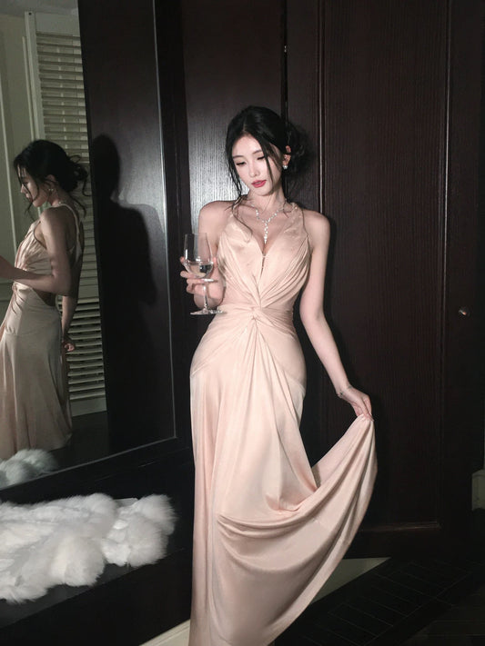 Elegant Mermaid Halter Backless Satin Pink Full-hem Maxi Semi Formal Garden Date Night Outfit Wedding Guest Dresses RB5040