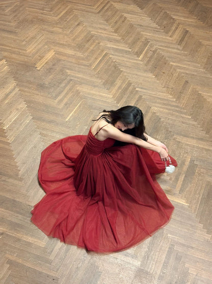 Elegant A Line Spaghetti Strap Burgundy Full-hem Maxi Semi Formal Garden Date Night Outfit Wedding Guest Dresses RB5043