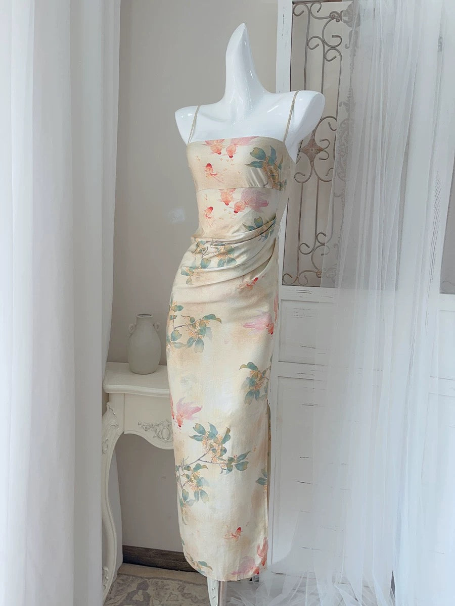 Chic Sheath Spaghetti Strap Floral Sleeveless Date Night Outfit Outdoor Semi Formal Long Wedding Guest Dresses RB5045