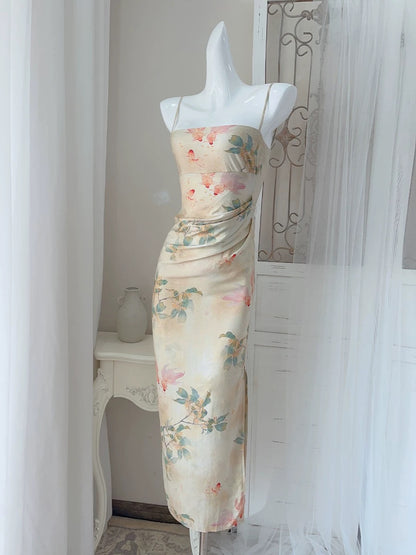 Chic Sheath Spaghetti Strap Floral Sleeveless Date Night Outfit Outdoor Semi Formal Long Wedding Guest Dresses RB5045
