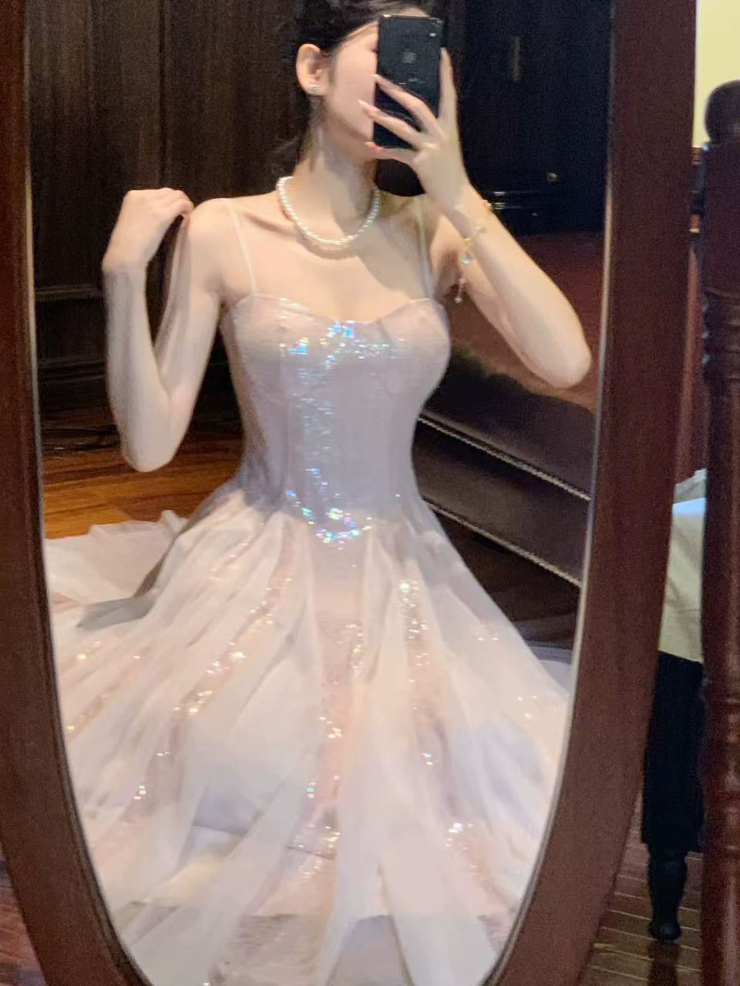Sparkly A Line Spaghetti Strap Pink Sequin Sleeveless Date Night Outfits Outdoor Semi Formal Long Wedding Guest Dresses RB5049