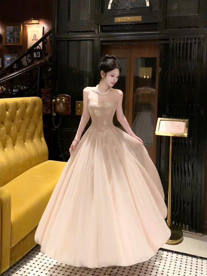 Sparkly A Line Spaghetti Strap Pink Sequin Sleeveless Date Night Outfits Outdoor Semi Formal Long Wedding Guest Dresses RB5049