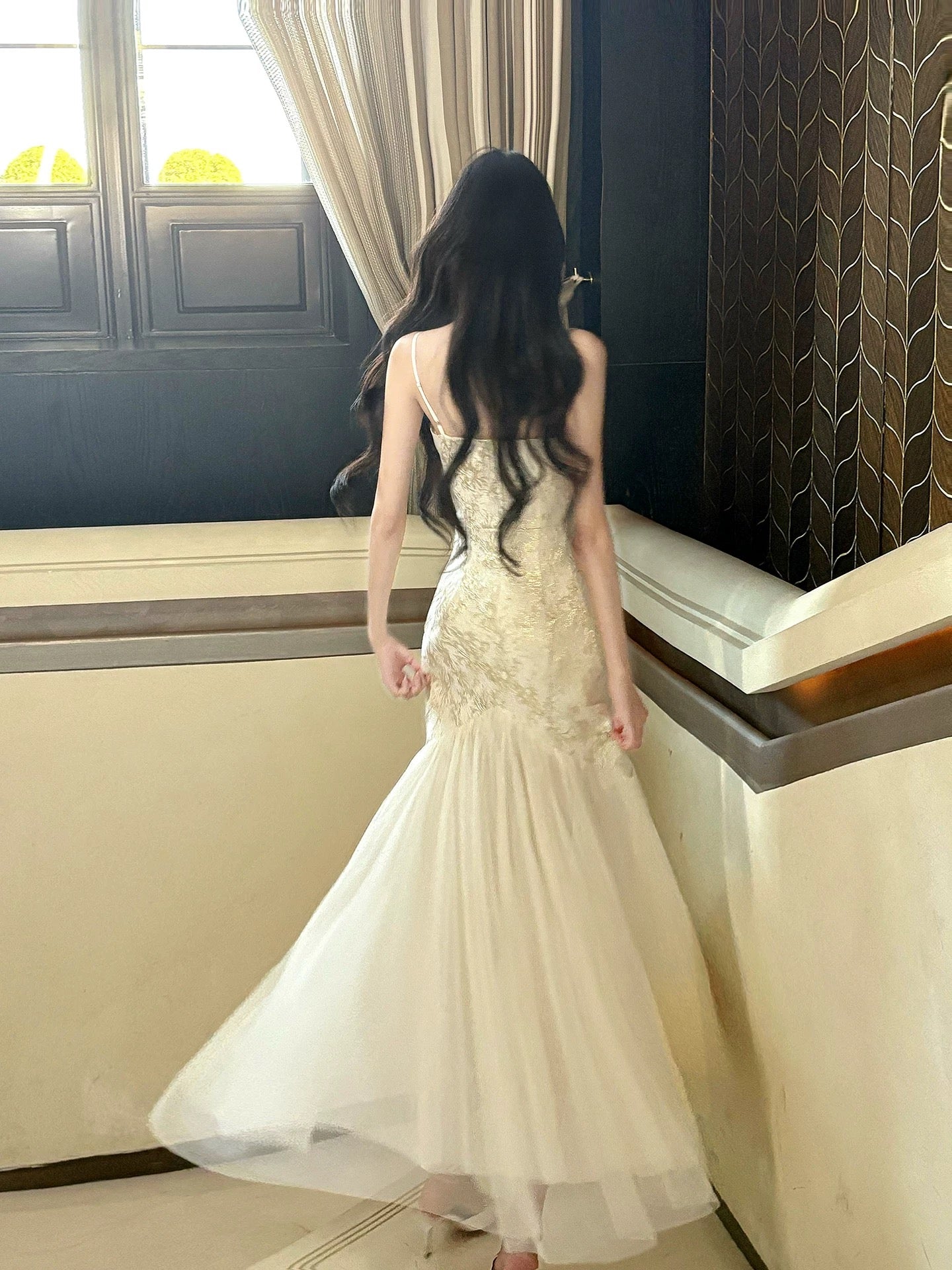 Elegant Mermaid Spaghetti Strap Lace Chiffon Full-hem Maxi Semi Formal Garden Date Night Outfit Wedding Guest Dresses RB5050