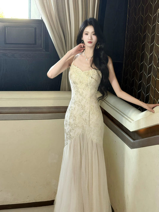 Elegant Mermaid Spaghetti Strap Lace Chiffon Full-hem Maxi Semi Formal Garden Date Night Outfit Wedding Guest Dresses RB5050