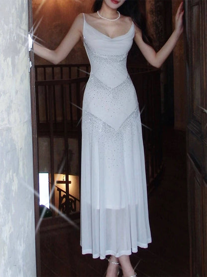 Sparkly Mermaid Spaghetti Strap White Chiffon With Sequined Sleeveless Date Night Outfits Outdoor Semi Formal Long Wedding Guest Dresses RB5052