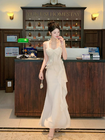 Simple Mermaid Sweetheart Chiffon With Ruffled Sleeveless Date Night Outfits Outdoor Semi Formal Long Wedding Guest Dresses RB5054