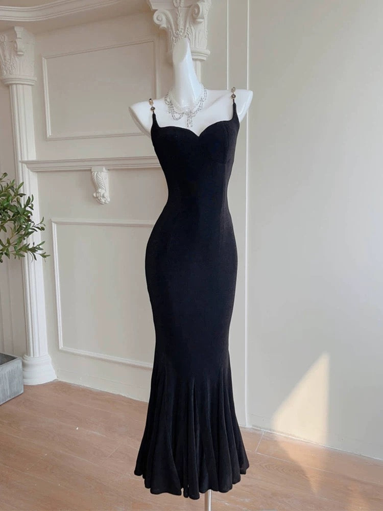 Sexy Mermaid Spaghetti Strap Black Tie Dress Full-hem Maxi Semi Formal Garden Date Night Outfit Wedding Guest Dresses RB5055