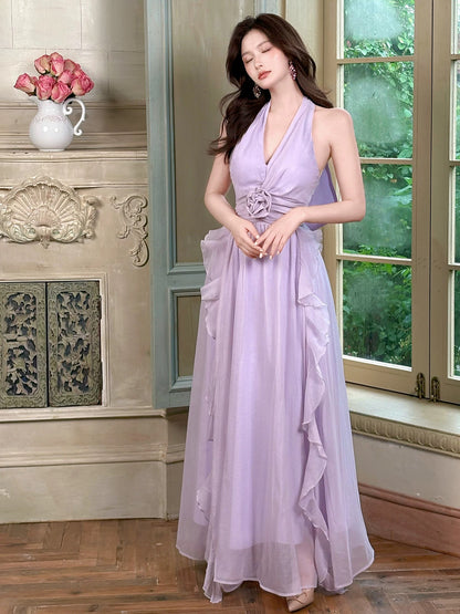Timeless A line Halter Lilac Chiffon With Ruffled Outdoor Semi Formal Garden Beach Event Outfits Wedding Guest Dresses RB5056