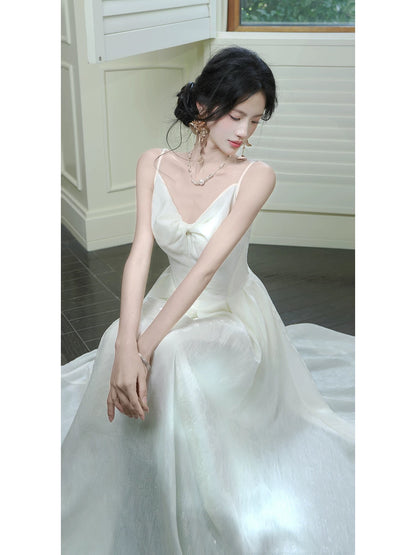 Simple Women's A line Spaghetti Strap White With Ruffled Sleeveless Date Night Outfits Outdoor Semi Formal Wedding Guest Dresses RB5058