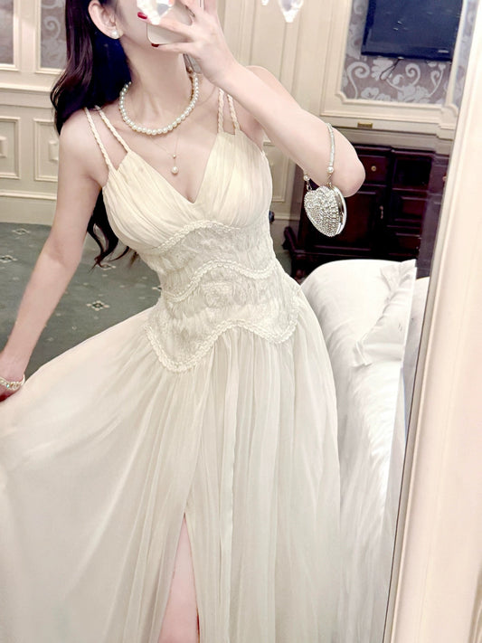 Simple Women's A line Spaghetti Strap Slit With Lace Sleeveless Date Night Outfits Outdoor Semi Formal Wedding Guest Dresses RB5059