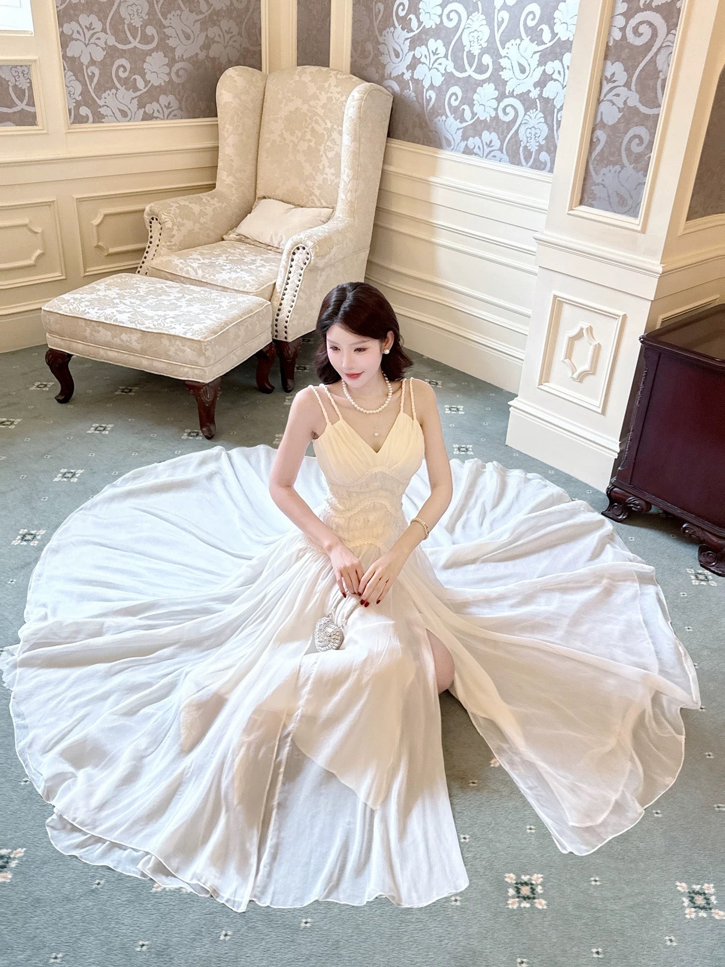Simple Women's A line Spaghetti Strap Slit With Lace Sleeveless Date Night Outfits Outdoor Semi Formal Wedding Guest Dresses RB5059
